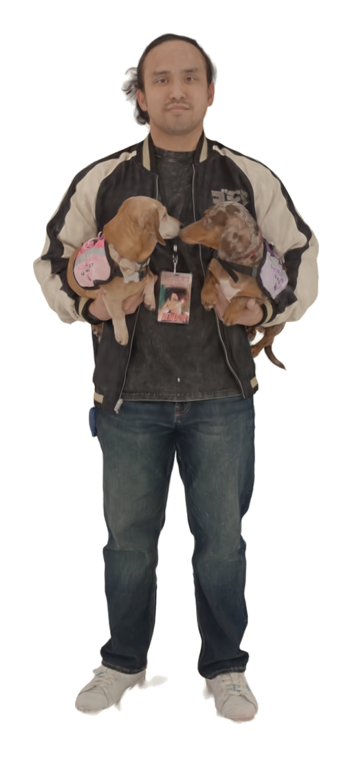 A dog owner and his two dachshunds captured as a photorealistic digital 3D model