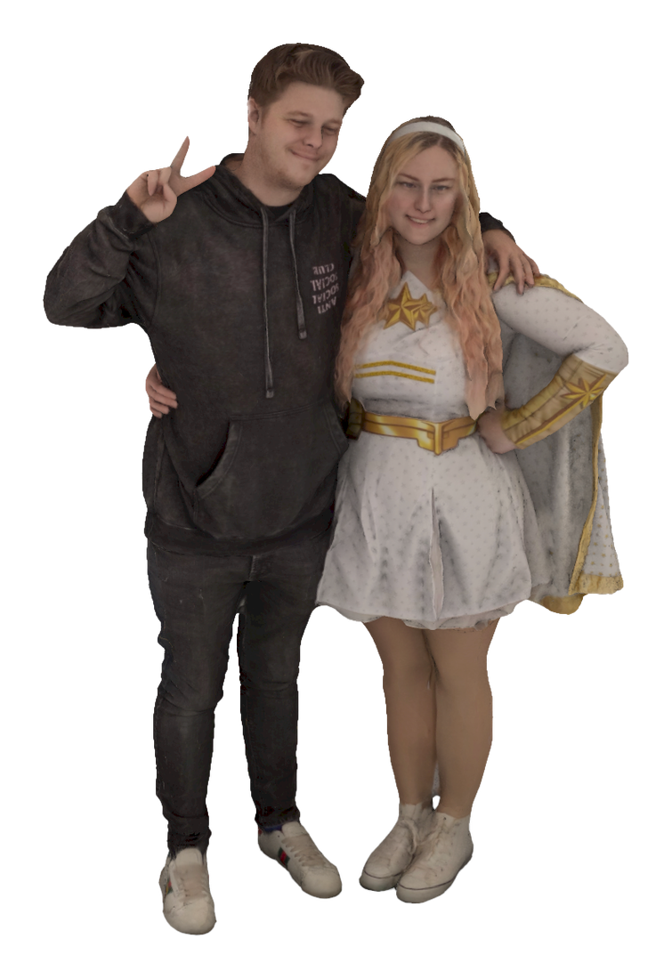 Two convention goers captured together as a photorealistic digital 3D model