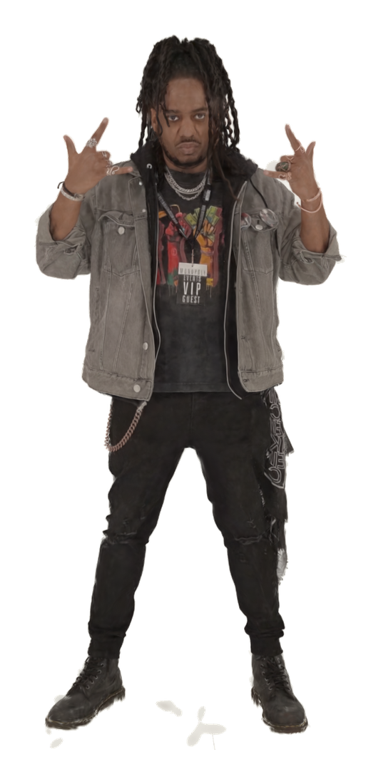 A full colour 3D printed figurine of a festival-goer in a denim jacket